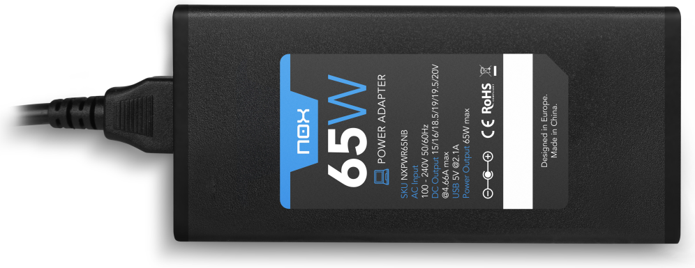 NOX NXPWR65NB adaptador e inversor de corriente Interior 65 W Negro