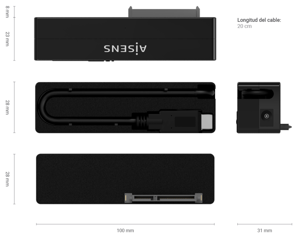 AISENS Adaptador ASE-35C02B SATA a USB-C USB 3.0/USB3.1 GEN1 para Discos Duros 2.5" y 3.5" con Alimentador, Negro