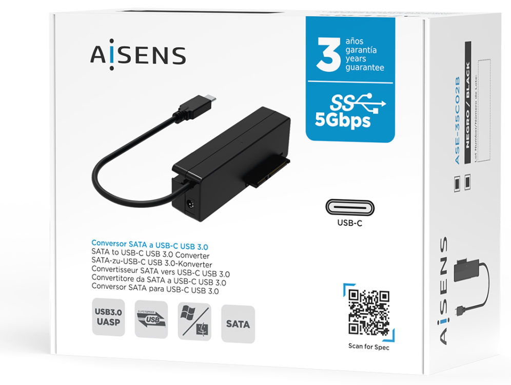AISENS Adaptador ASE-35C02B SATA a USB-C USB 3.0/USB3.1 GEN1 para Discos Duros 2.5" y 3.5" con Alimentador, Negro