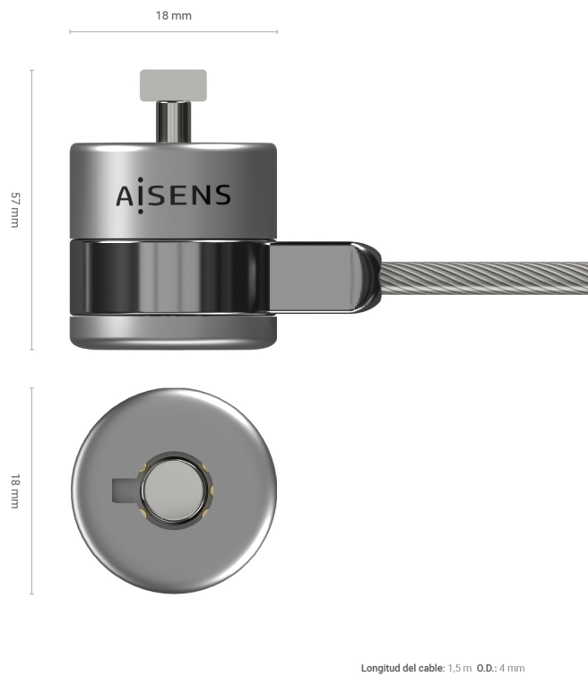 AISENS Cable de Seguridad con Cerradura de Llave para Ordenador, Monitor, Portatil 1.5 m