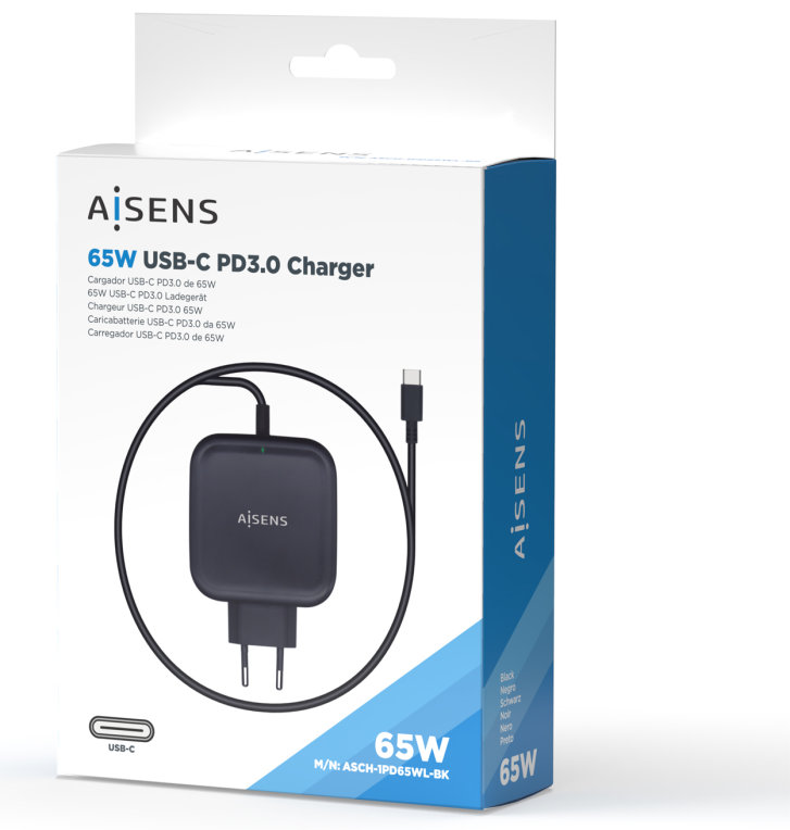 AISENS Cargador 65W PD3.0 QC3.0 1XUSB-C 1.2M, Negro
