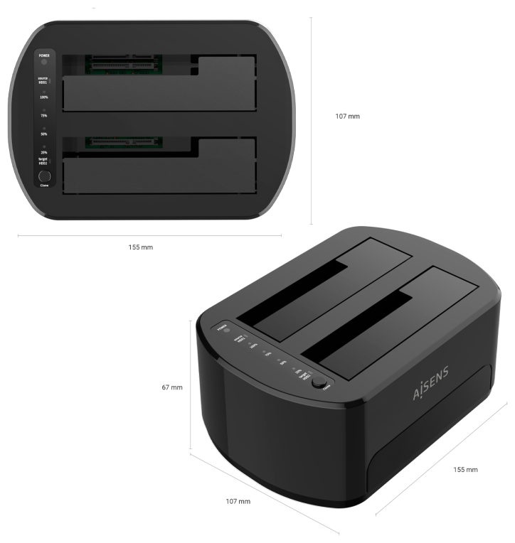 AISENS Estacion de Docking de Doble Bahia ASDS-D03B SATA 2.5/3.5 a USB 3.0/3.1 Gen1, Clone, Negra