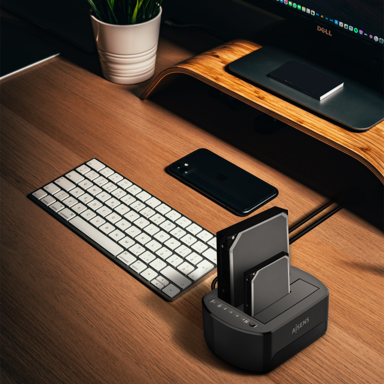 AISENS Estacion de Docking de Doble Bahia ASDS-D03B SATA 2.5/3.5 a USB 3.0/3.1 Gen1, Clone, Negra