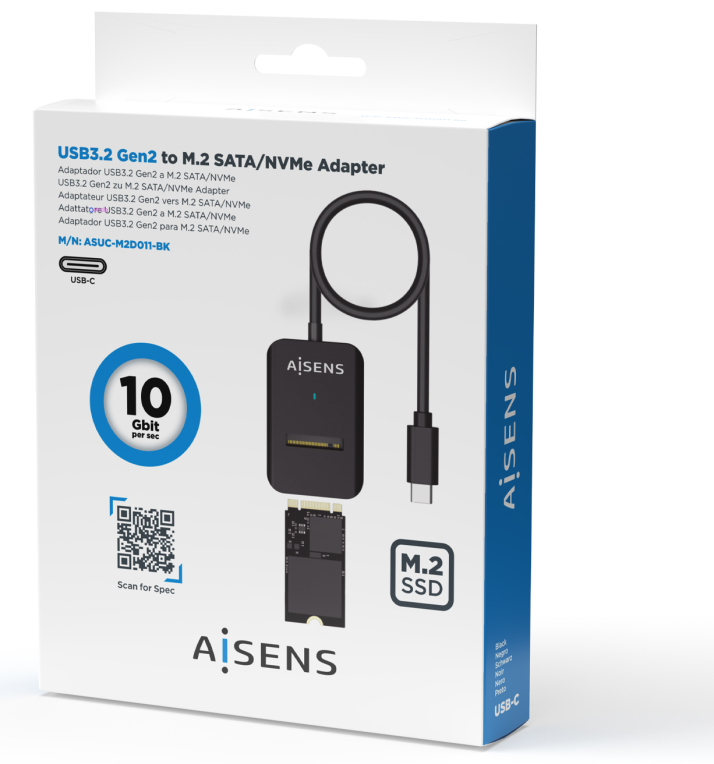 AISENS USB-C Dock M.2 (NGFF) ASUC-M2D011-BK SATA/NVMe A USB3.1 Gen2, Negra