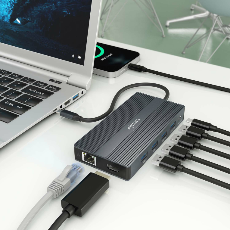 AISENS ASUC-12P017-GR base para portátil y replicador de puertos Alámbrico USB 3.2 Gen 1 (3.1 Gen 1) Type-C