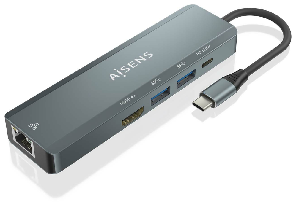 AISENS USB-C Dock 5 en 1, USB-C a 1xHDMI, 1xRJ45, 2xUSB, 1xPD, Gris, 15 cm