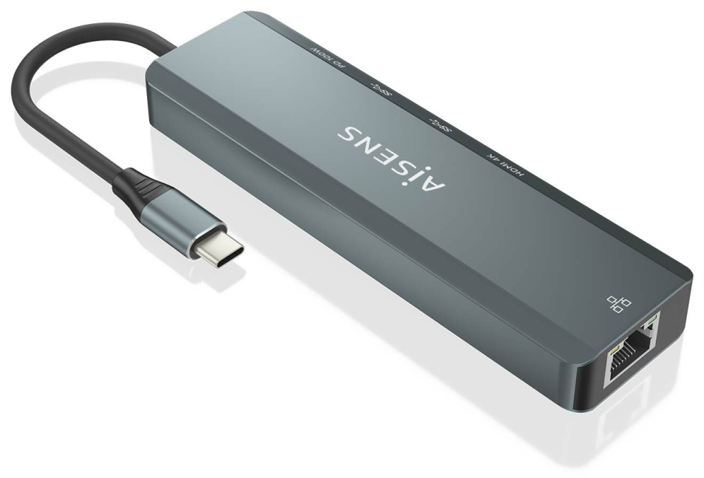 AISENS USB-C Dock 5 en 1, USB-C a 1xHDMI, 1xRJ45, 2xUSB, 1xPD, Gris, 15 cm