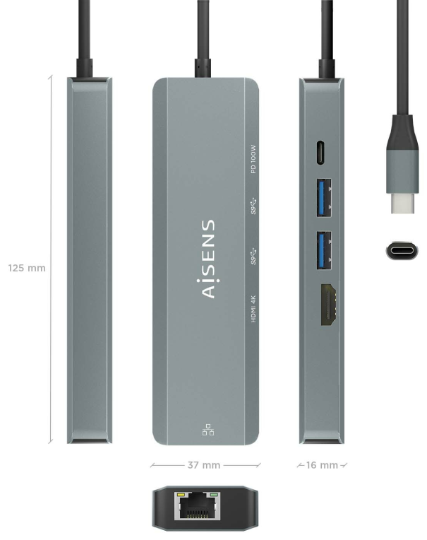 AISENS USB-C Dock 5 en 1, USB-C a 1xHDMI, 1xRJ45, 2xUSB, 1xPD, Gris, 15 cm