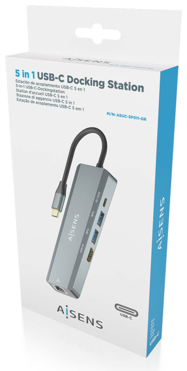 AISENS USB-C Dock 5 en 1, USB-C a 1xHDMI, 1xRJ45, 2xUSB, 1xPD, Gris, 15 cm