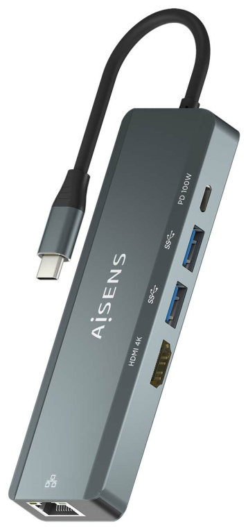 AISENS USB-C Dock 5 en 1, USB-C a 1xHDMI, 1xRJ45, 2xUSB, 1xPD, Gris, 15 cm