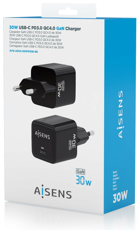 AISENS ASCH-30W1P036-BK cargador de dispositivo móvil Universal Corriente alterna Carga rápida Interior