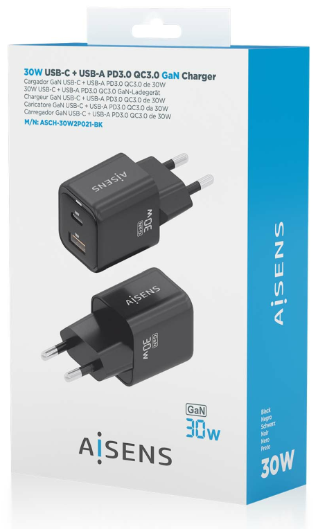 AISENS ASCH-30W2P021-BK cargador de dispositivo móvil Universal Corriente alterna Carga rápida Interior