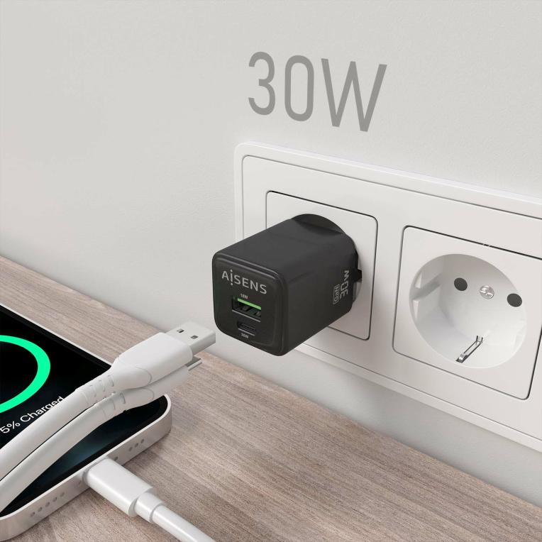 AISENS ASCH-30W2P038-BK cargador de dispositivo móvil Universal Corriente alterna Carga rápida Interior