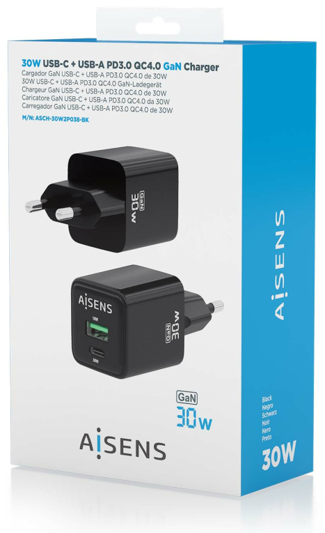 AISENS ASCH-30W2P038-BK cargador de dispositivo móvil Universal Corriente alterna Carga rápida Interior