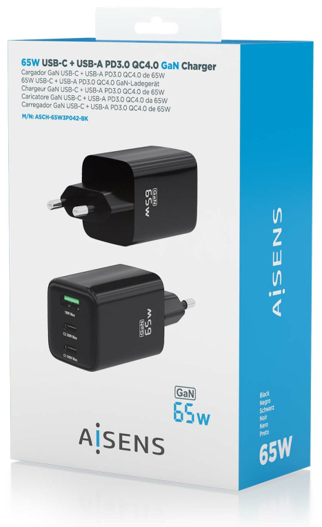 AISENS ASCH-65W3P042-BK cargador de dispositivo móvil Universal Corriente alterna Carga rápida Interior