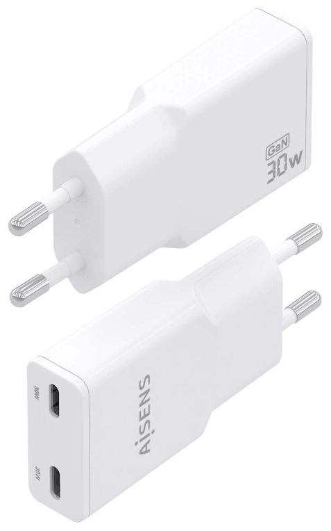AISENS ASCH-30W2P048-W cargador de dispositivo móvil Cámara digital, MP3, MP4, Teléfono móvil, Navegante, Portátil, Consola de juegos portátil, Smartphone, Tableta, Universal Blanco Corriente alterna Carga rápida Interior