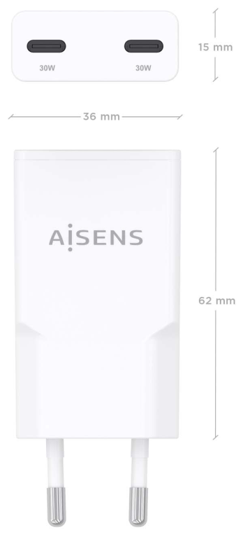 AISENS ASCH-30W2P048-W cargador de dispositivo móvil Cámara digital, MP3, MP4, Teléfono móvil, Navegante, Portátil, Consola de juegos portátil, Smartphone, Tableta, Universal Blanco Corriente alterna Carga rápida Interior