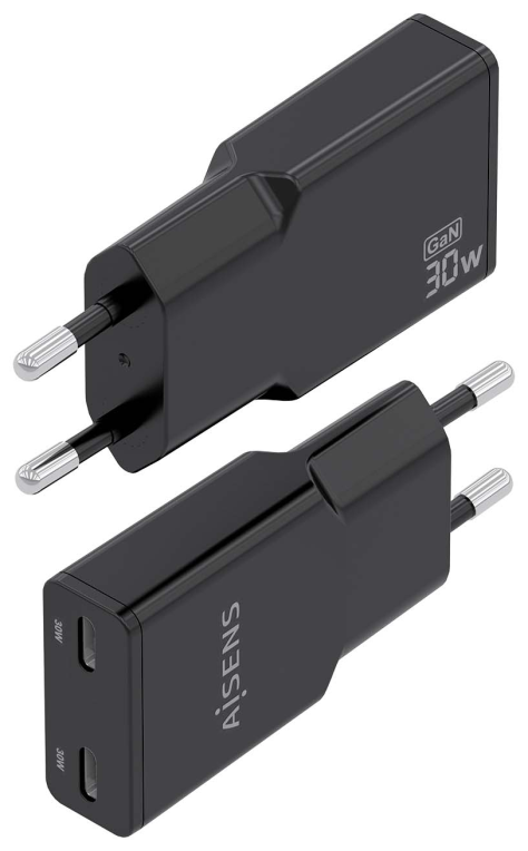 AISENS ASCH-30W2P049-BK cargador de dispositivo móvil Cámara digital, MP3, MP4, Teléfono móvil, Navegante, Portátil, Consola de juegos portátil, Smartphone, Tableta, Universal Negro Corriente alterna Carga rápida Interior