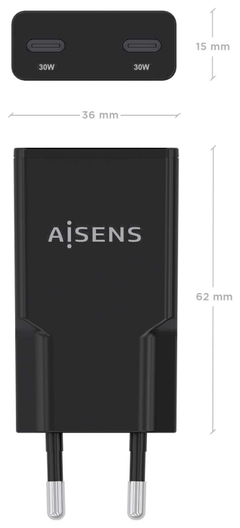 AISENS ASCH-30W2P049-BK cargador de dispositivo móvil Cámara digital, MP3, MP4, Teléfono móvil, Navegante, Portátil, Consola de juegos portátil, Smartphone, Tableta, Universal Negro Corriente alterna Carga rápida Interior