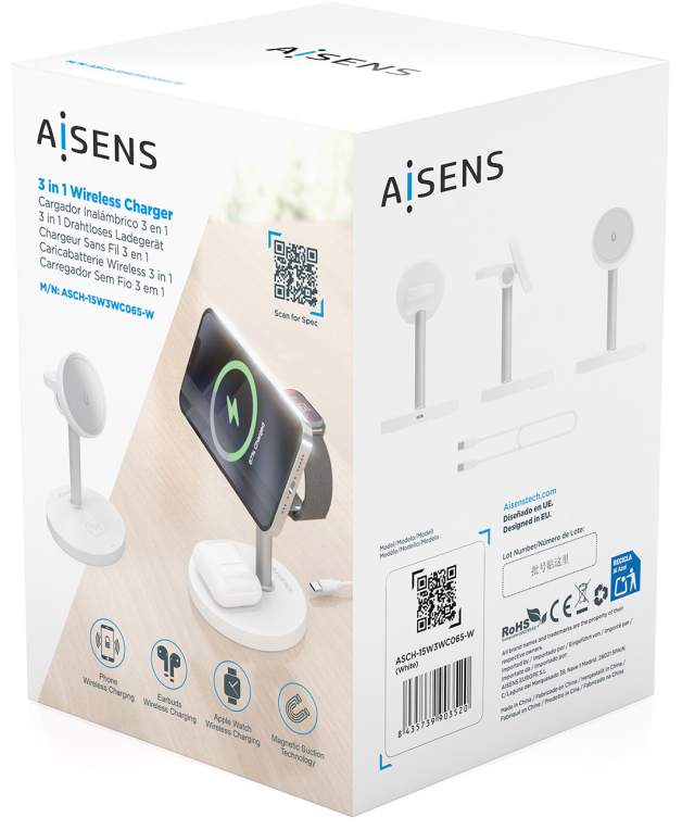 AISENS ASCH-15W3WC065-W cargador de dispositivo móvil Auriculares, Smartphone, Reloj inteligente Cargador inalámbrico Interior