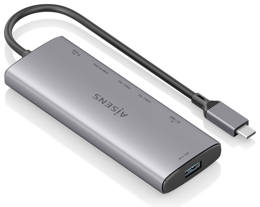 AISENS USB-C Dock 7 en 1, USB-C a 1xHDMI, 1xUSB-A 10G, 2xUSB-C 10G, 1xSD, 1xMicroSD, 1xUSB-C PD 100W, Gris, 20cm