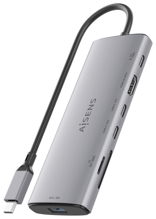 AISENS USB-C Dock 7 en 1, USB-C a 1xHDMI, 1xUSB-A 10G, 2xUSB-C 10G, 1xSD, 1xMicroSD, 1xUSB-C PD 100W, Gris, 20cm