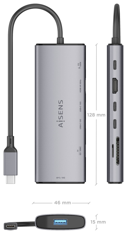 AISENS USB-C Dock 7 en 1, USB-C a 1xHDMI, 1xUSB-A 10G, 2xUSB-C 10G, 1xSD, 1xMicroSD, 1xUSB-C PD 100W, Gris, 20cm
