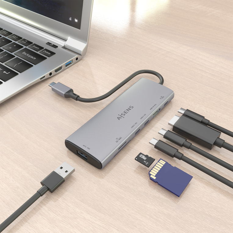 AISENS USB-C Dock 7 en 1, USB-C a 1xHDMI, 1xUSB-A 10G, 2xUSB-C 10G, 1xSD, 1xMicroSD, 1xUSB-C PD 100W, Gris, 20cm