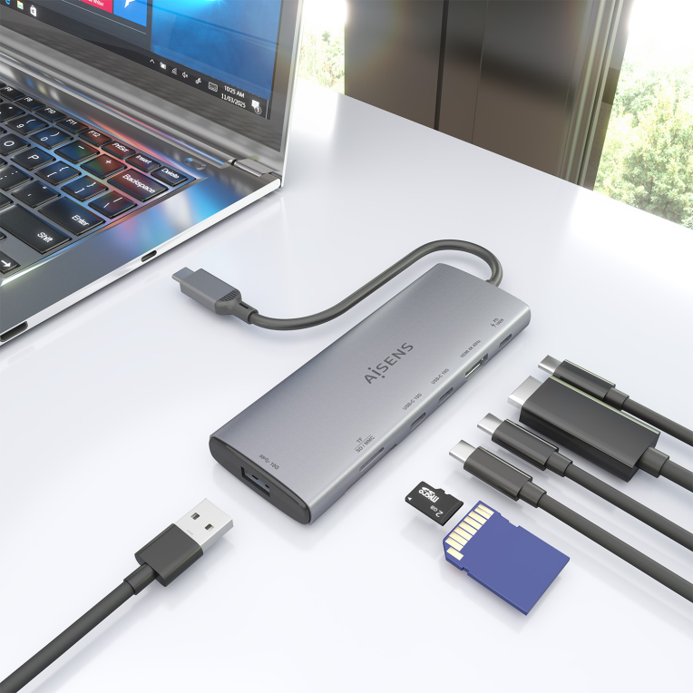 AISENS USB-C Dock 7 en 1, USB-C a 1xHDMI, 1xUSB-A 10G, 2xUSB-C 10G, 1xSD, 1xMicroSD, 1xUSB-C PD 100W, Gris, 20cm