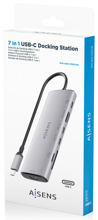 AISENS USB-C Dock 7 en 1, USB-C a 1xHDMI, 1xUSB-A 10G, 2xUSB-C 10G, 1xSD, 1xMicroSD, 1xUSB-C PD 100W, Gris, 20cm