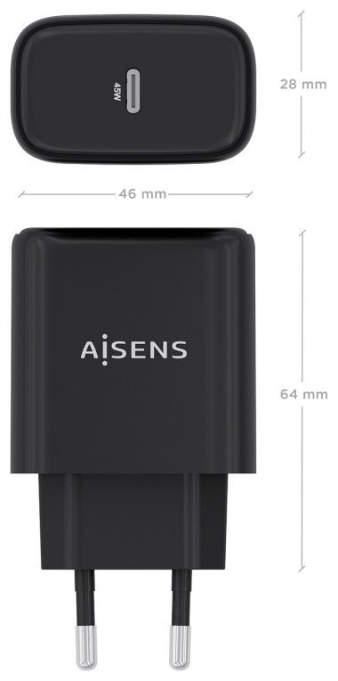 AISENS Cargador GaN 45W, 1xUSB-C PD3.0, Negro