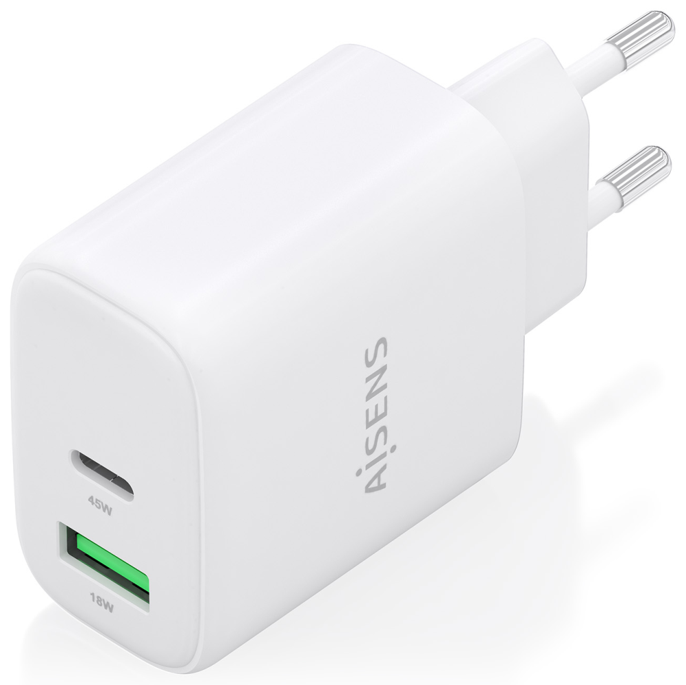 AISENS Cargador GaN 45W, 1xUSB-C PD3.0 QC4.0, 1xUSB-A QC3.0, Blanco