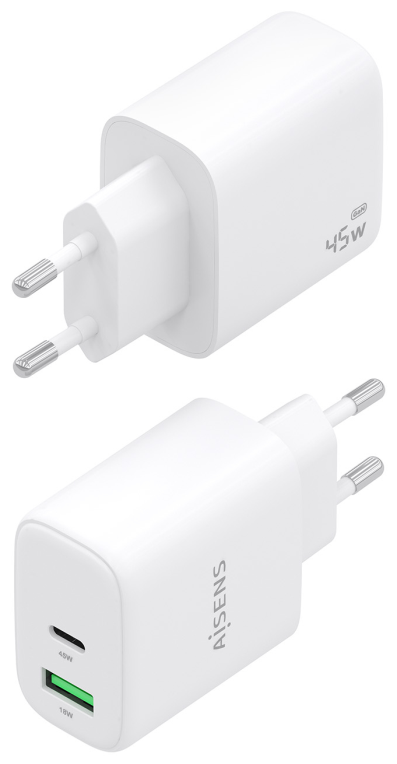 AISENS Cargador GaN 45W, 1xUSB-C PD3.0 QC4.0, 1xUSB-A QC3.0, Blanco