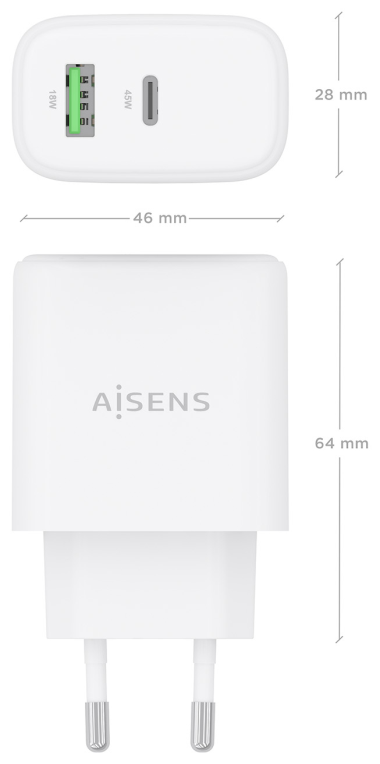 AISENS Cargador GaN 45W, 1xUSB-C PD3.0 QC4.0, 1xUSB-A QC3.0, Blanco