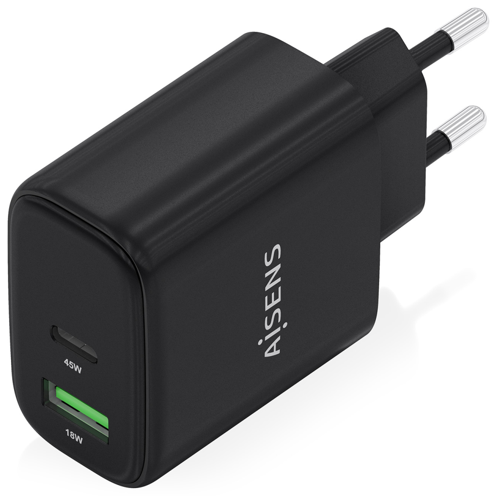 AISENS Cargador GaN 45W, 1xUSB-C PD3.0 QC4.0, 1xUSB-A QC3.0, Negro