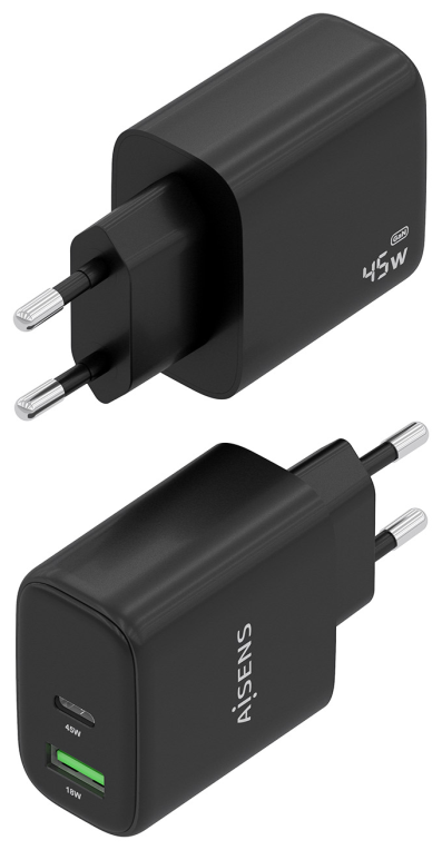 AISENS Cargador GaN 45W, 1xUSB-C PD3.0 QC4.0, 1xUSB-A QC3.0, Negro
