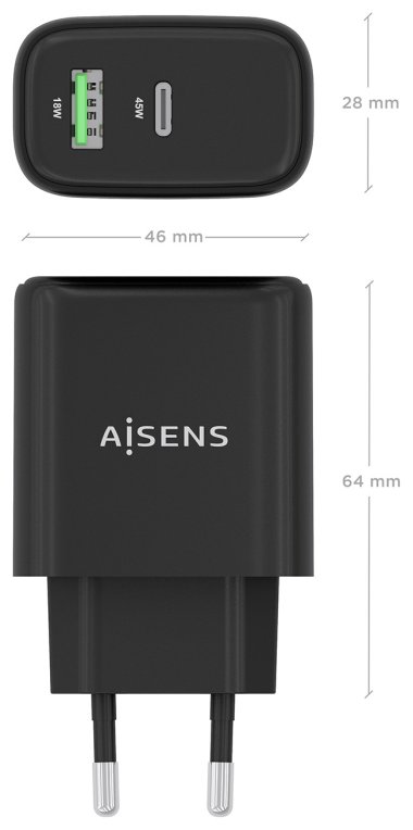 AISENS Cargador GaN 45W, 1xUSB-C PD3.0 QC4.0, 1xUSB-A QC3.0, Negro
