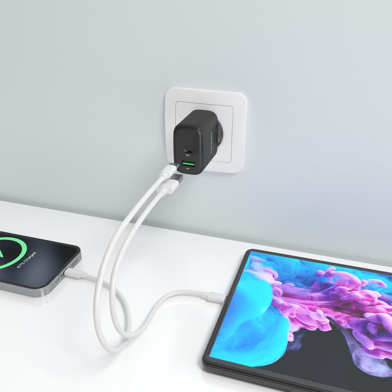 AISENS Cargador GaN 45W, 1xUSB-C PD3.0 QC4.0, 1xUSB-A QC3.0, Negro