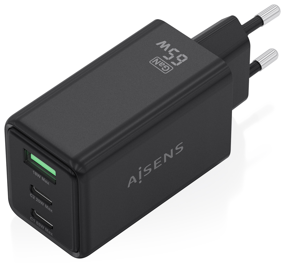 AISENS Cargador GaN 65W, 2xUSB-C PD3.0 QC4.0, 1xUSB-A QC3.0, Negro