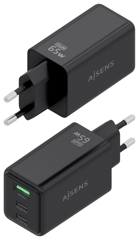 AISENS Cargador GaN 65W, 2xUSB-C PD3.0 QC4.0, 1xUSB-A QC3.0, Negro
