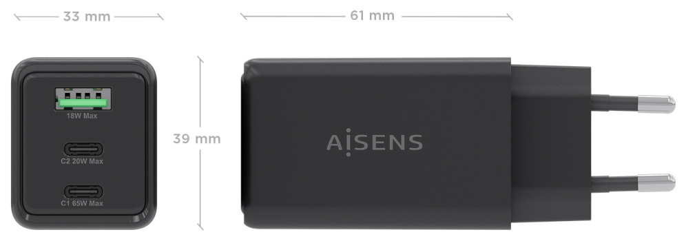 AISENS Cargador GaN 65W, 2xUSB-C PD3.0 QC4.0, 1xUSB-A QC3.0, Negro