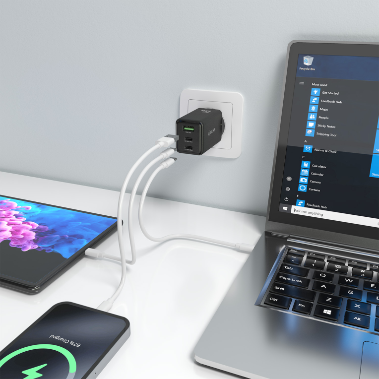 AISENS Cargador GaN 65W, 2xUSB-C PD3.0 QC4.0, 1xUSB-A QC3.0, Negro
