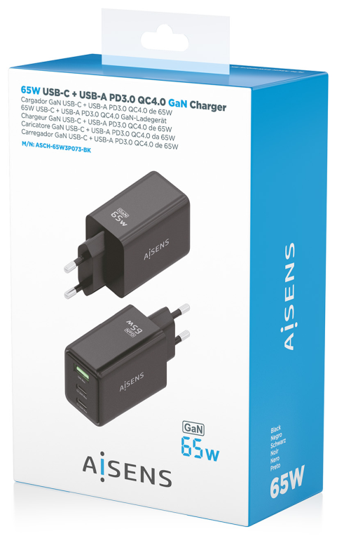 AISENS Cargador GaN 65W, 2xUSB-C PD3.0 QC4.0, 1xUSB-A QC3.0, Negro