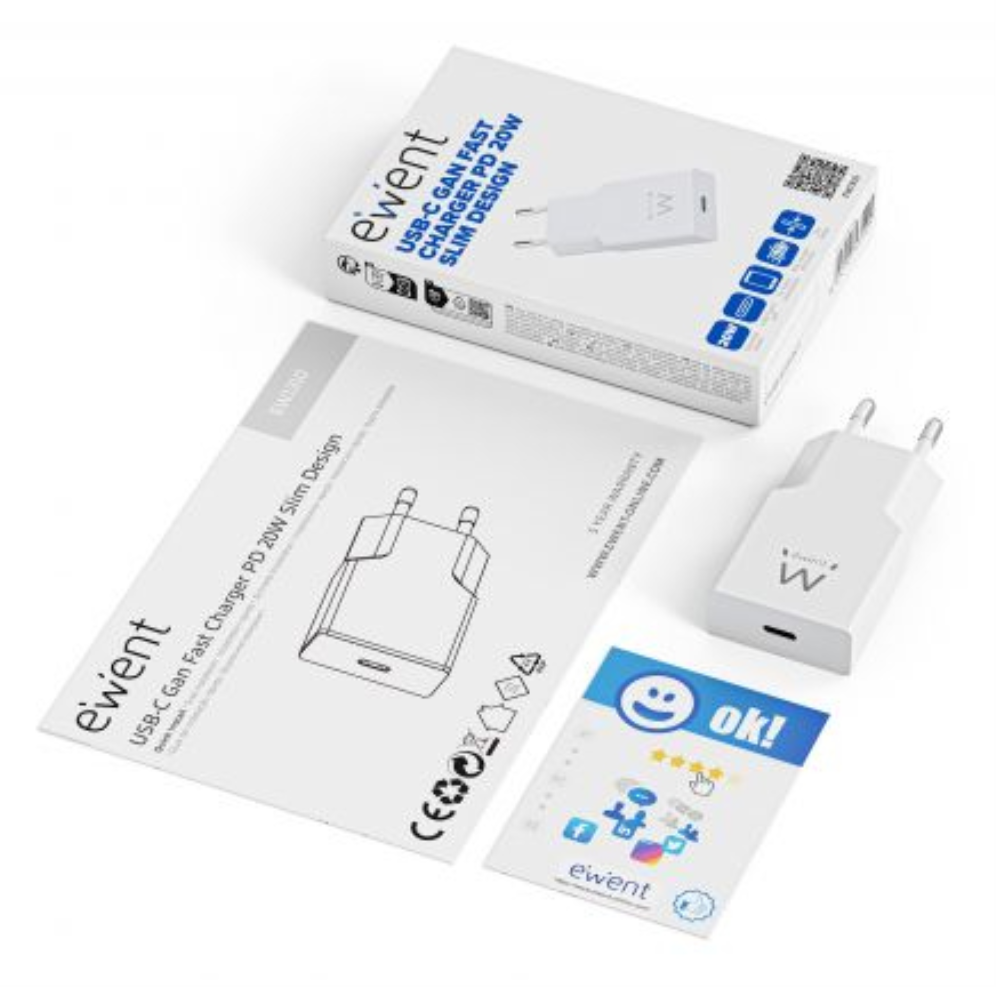 Ewent Cargador Rápido USB-C PD de 20W con Tecnología GaN y Diseño Ultrafino