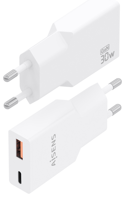 AISENS Cargador Ultra Delgado GaN 30W, 1xUSB-C PD3.0 QC4.0, 1xUSB-A QC3.0, Blanco