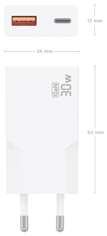AISENS Cargador Ultra Delgado GaN 30W, 1xUSB-C PD3.0 QC4.0, 1xUSB-A QC3.0, Blanco