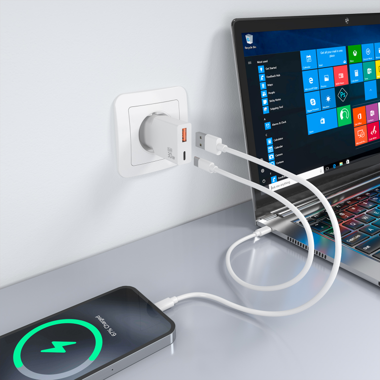 AISENS Cargador Ultra Delgado GaN 30W, 1xUSB-C PD3.0 QC4.0, 1xUSB-A QC3.0, Blanco