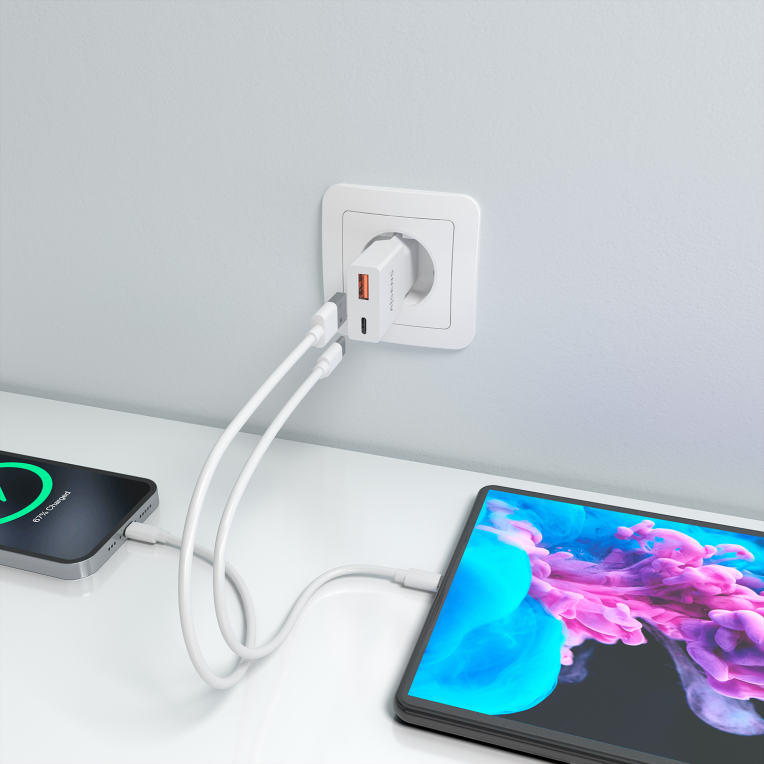AISENS Cargador Ultra Delgado GaN 30W, 1xUSB-C PD3.0 QC4.0, 1xUSB-A QC3.0, Blanco