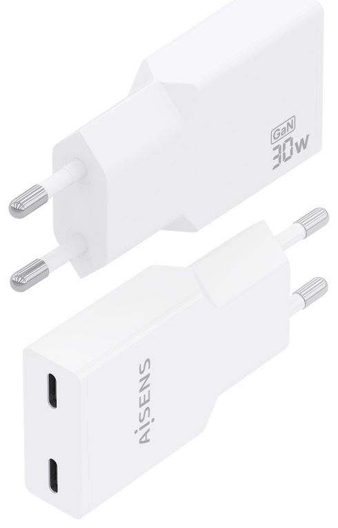 AISENS Cargador Ultra Delgado GaN 30W, 2xUSB-C PD3.0, Blanco