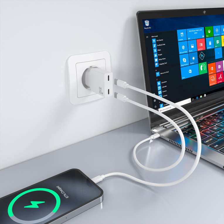 AISENS Cargador Ultra Delgado GaN 30W, 2xUSB-C PD3.0, Blanco